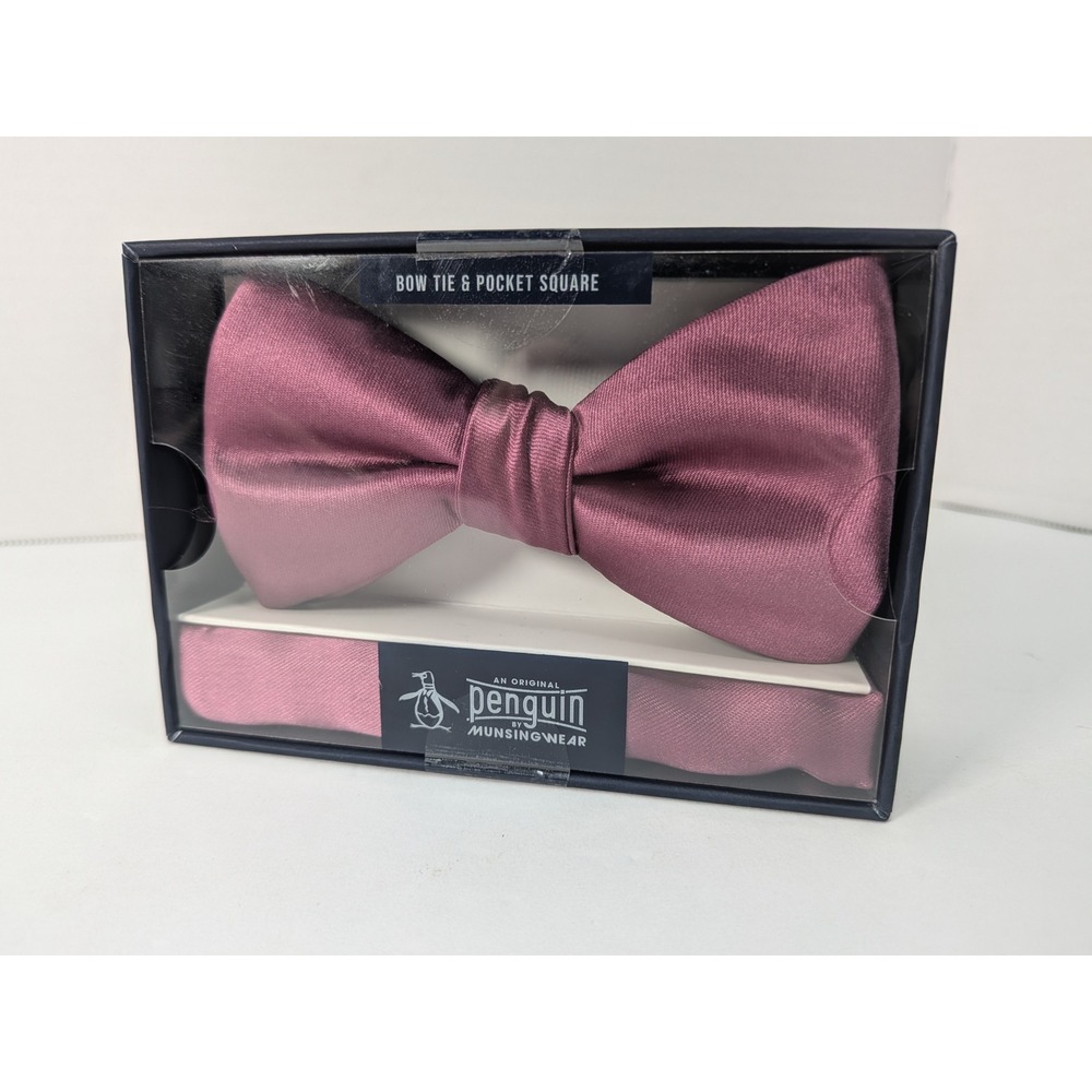 Original Penguin Bow Tie & Pocket Square Set Eggplant Purple Formal Accessory - Picture 2 of 7